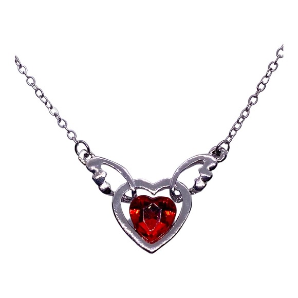 Imitation Red Ruby CZ Cubic Zirconia Gemstone Angel Wings Heart Necklace - Picture 4 of 9